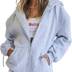 Women's Grey Oversized Hoodie with Drawstring and Pockets